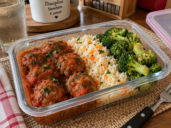 Almôndegas com Arroz e Brócolis