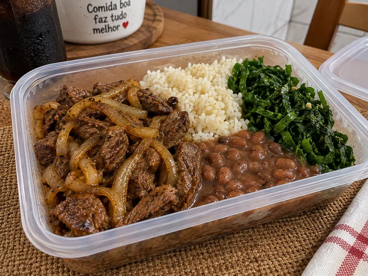Carne Acebolada, Arroz e Feijão